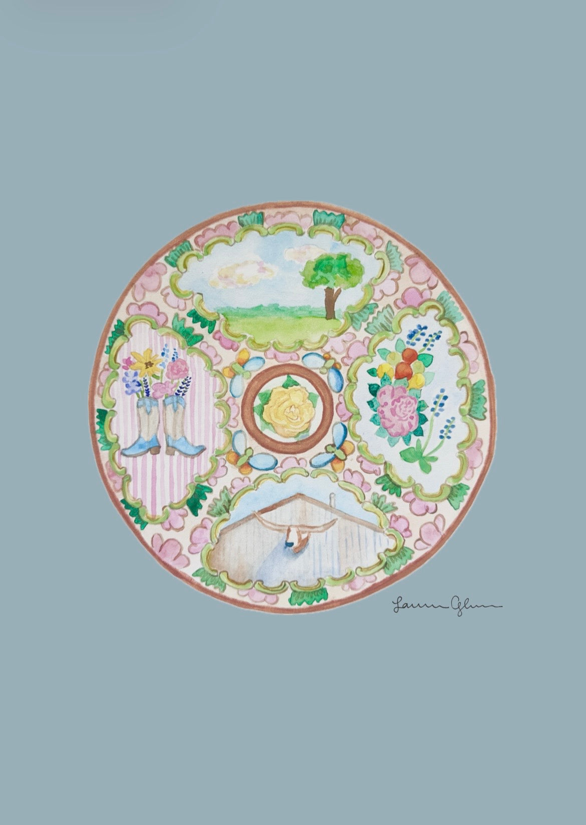 “Round Top Rose Medallion Plate” signed print 5x7